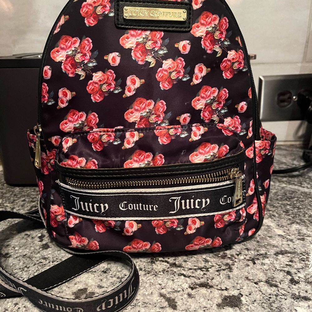 Juicy Couture Black Floral Roses Medium Nylon Backpack